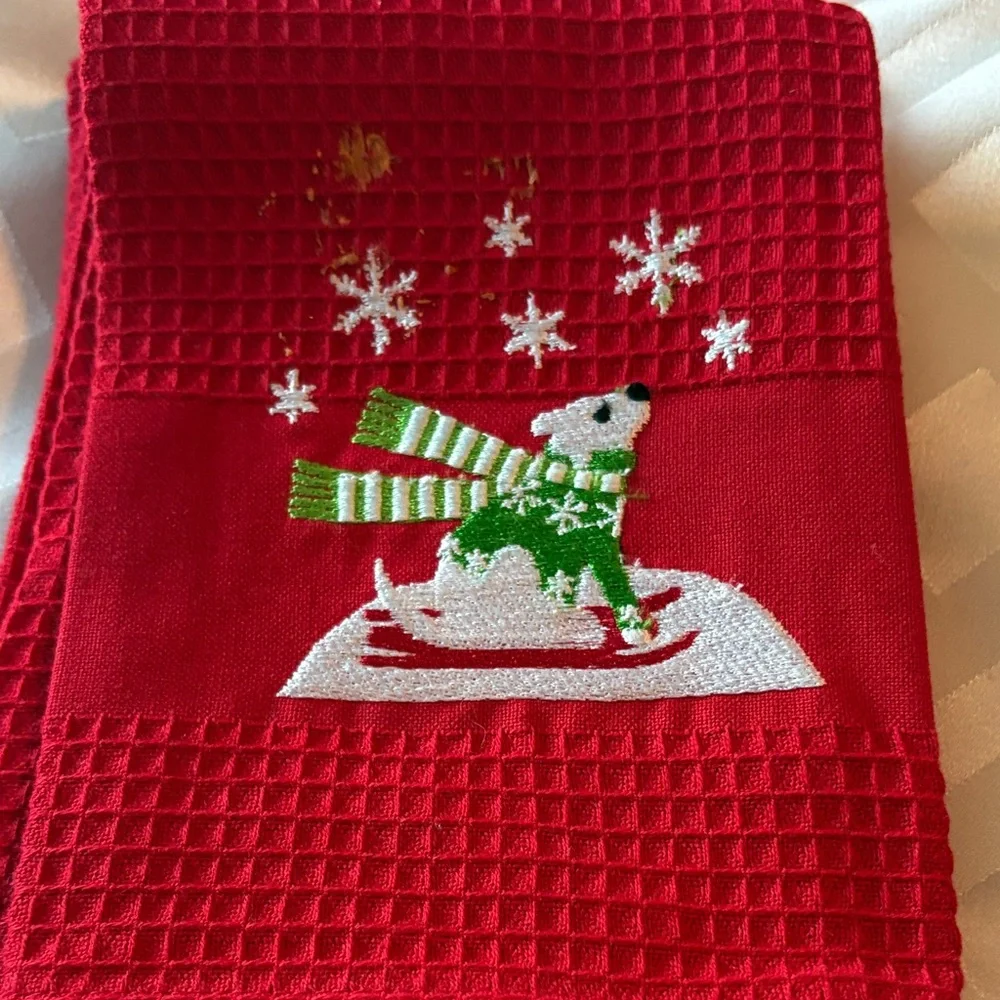 Crate&Barrel Red Kitchen Towels with Snowman Design